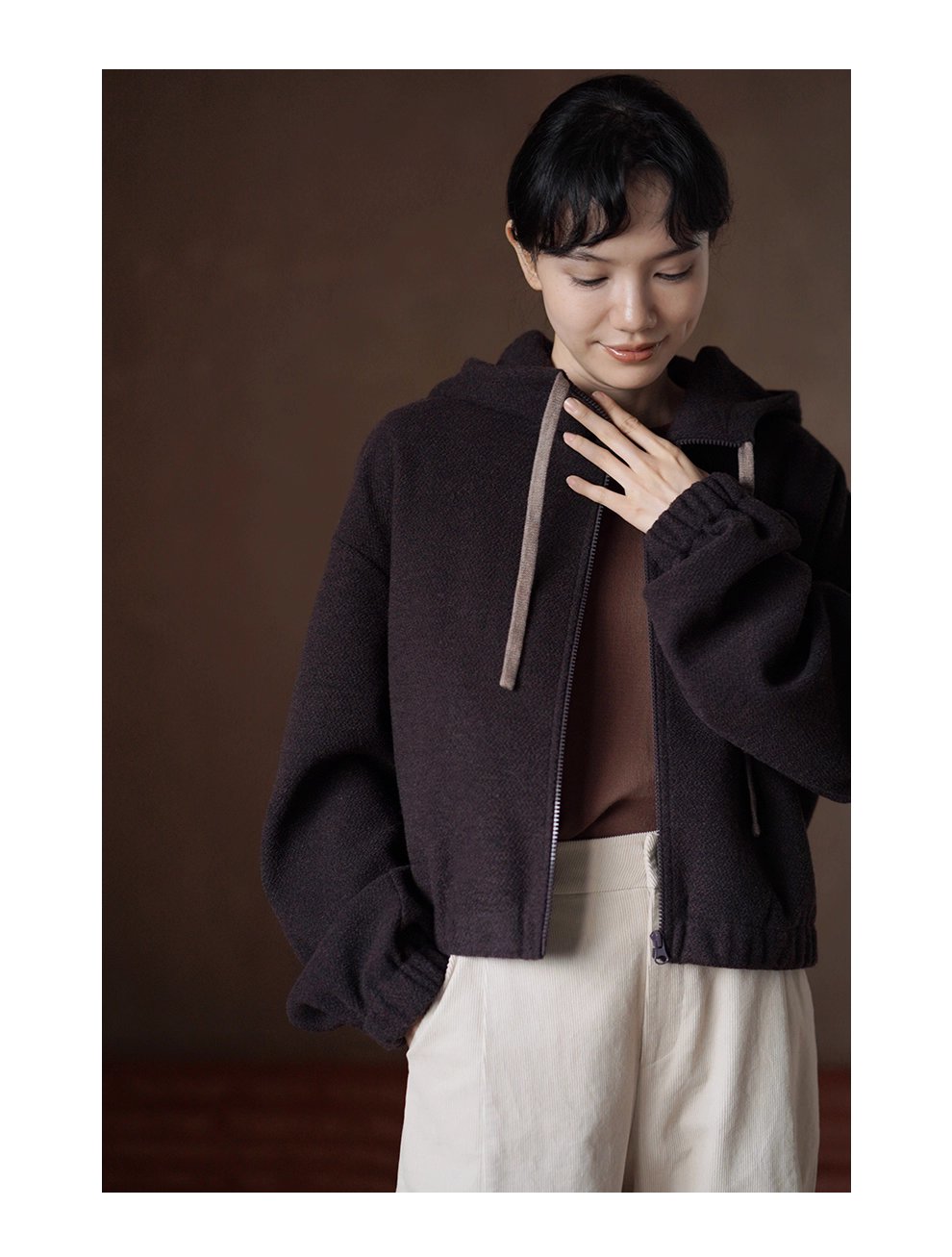 榛果咖濃鬱質感加厚綿羊毛混紡寬鬆短連帽衛衣外套女