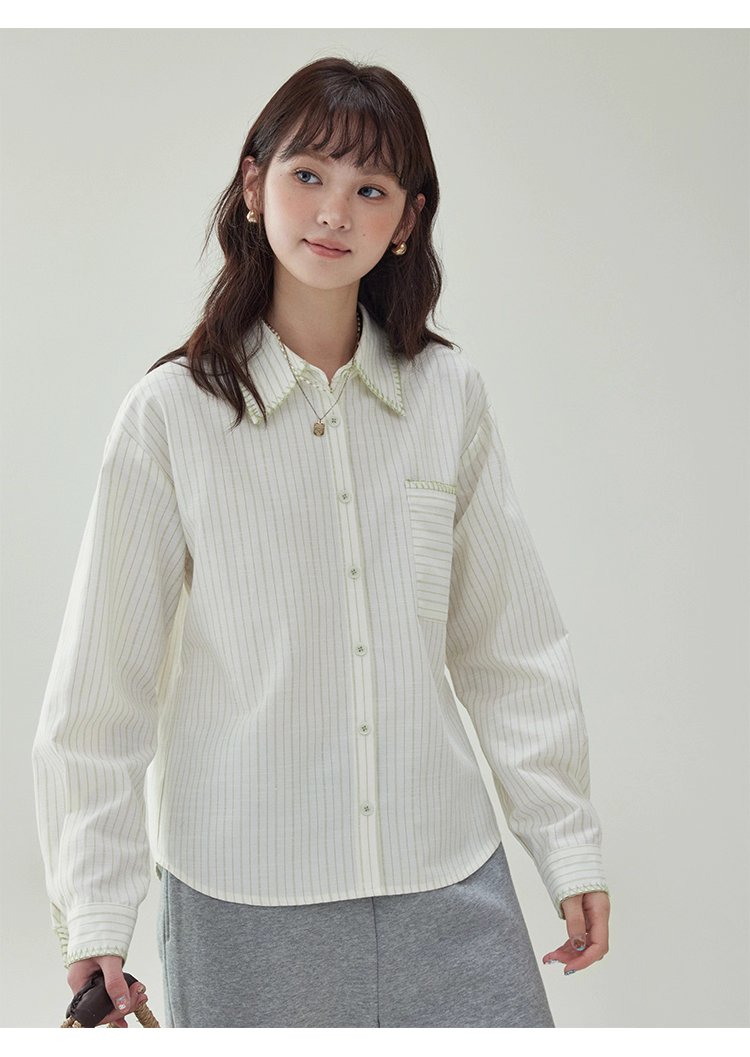 反線條單排扣長袖襯衫女秋季新款polo領寬鬆上衣