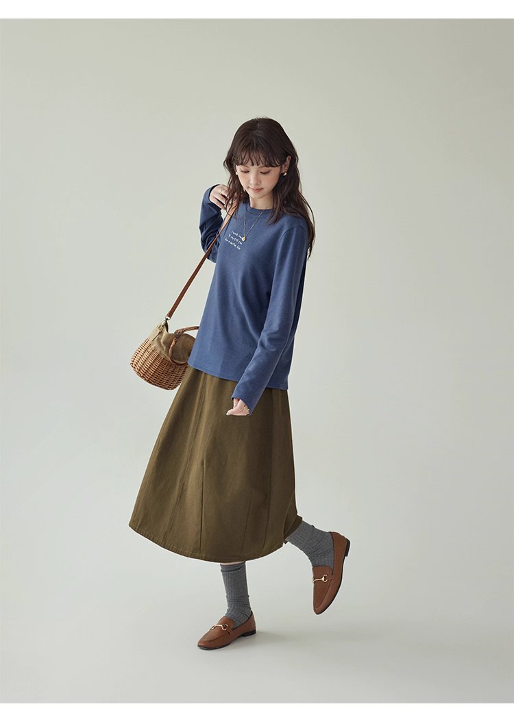 日系刺繡圓領雙面絨長袖T恤女秋季新款百搭上衣