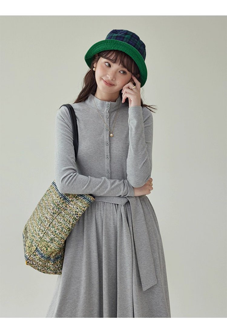 灰色修身高腰綁帶洋裝女秋新款長袖收腰T恤裙