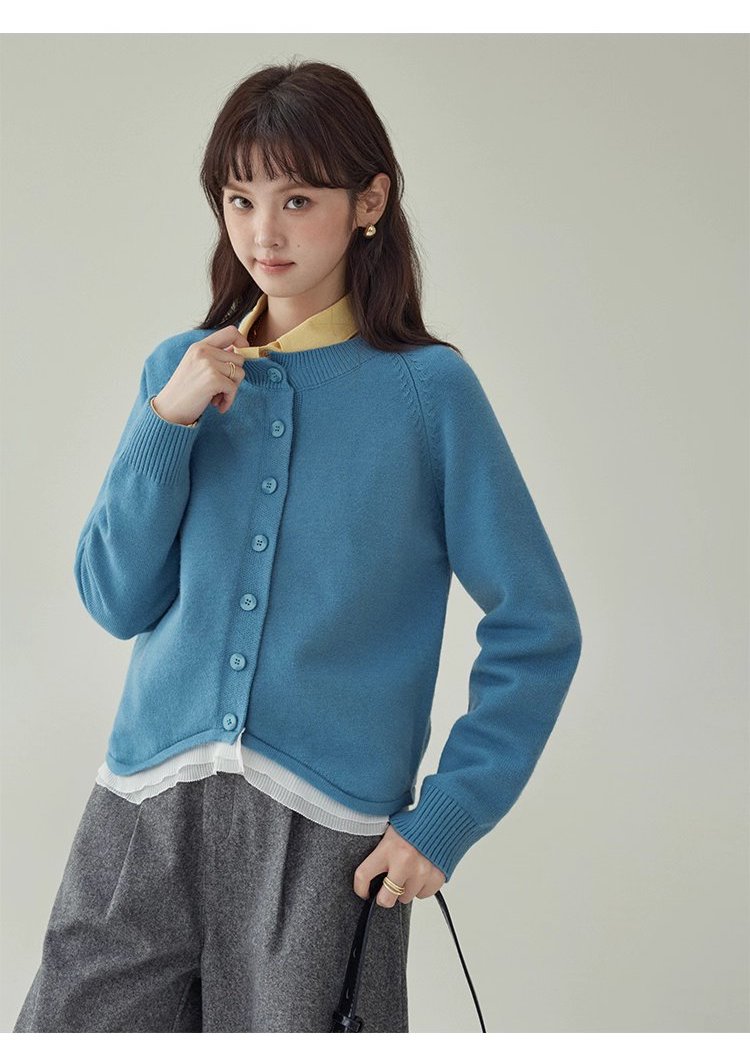 拼接蕾絲下擺藍色針織衫女秋季新款紐帶長袖上衣