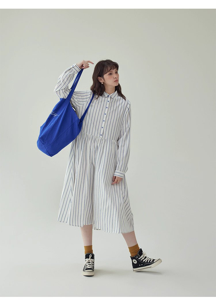 藍條紋娃娃領純棉洋裝女秋新款寬鬆長袖襯衫裙,藍條紋娃娃領純棉洋裝女秋新款寬鬆長袖襯衫裙,HBEW7043,藍條紋娃娃領純棉洋裝女秋新款寬鬆長袖襯衫裙,襯衫洋裝,全棉面料