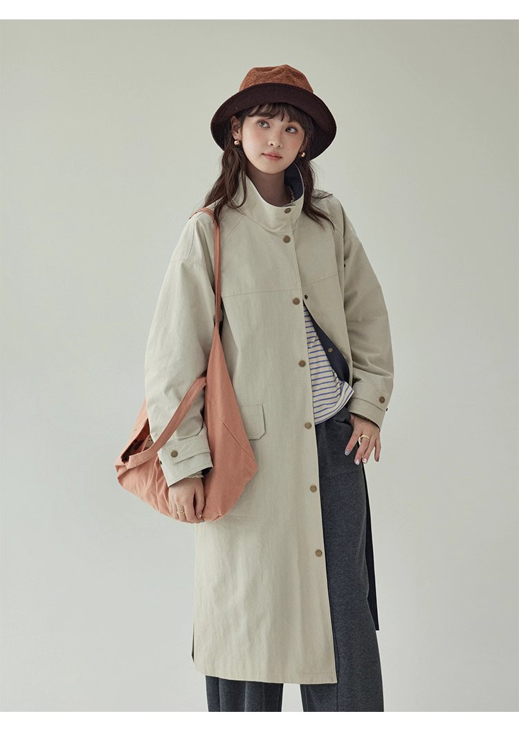 日系純色立領長風衣外套女秋新款寬鬆長袖上衣