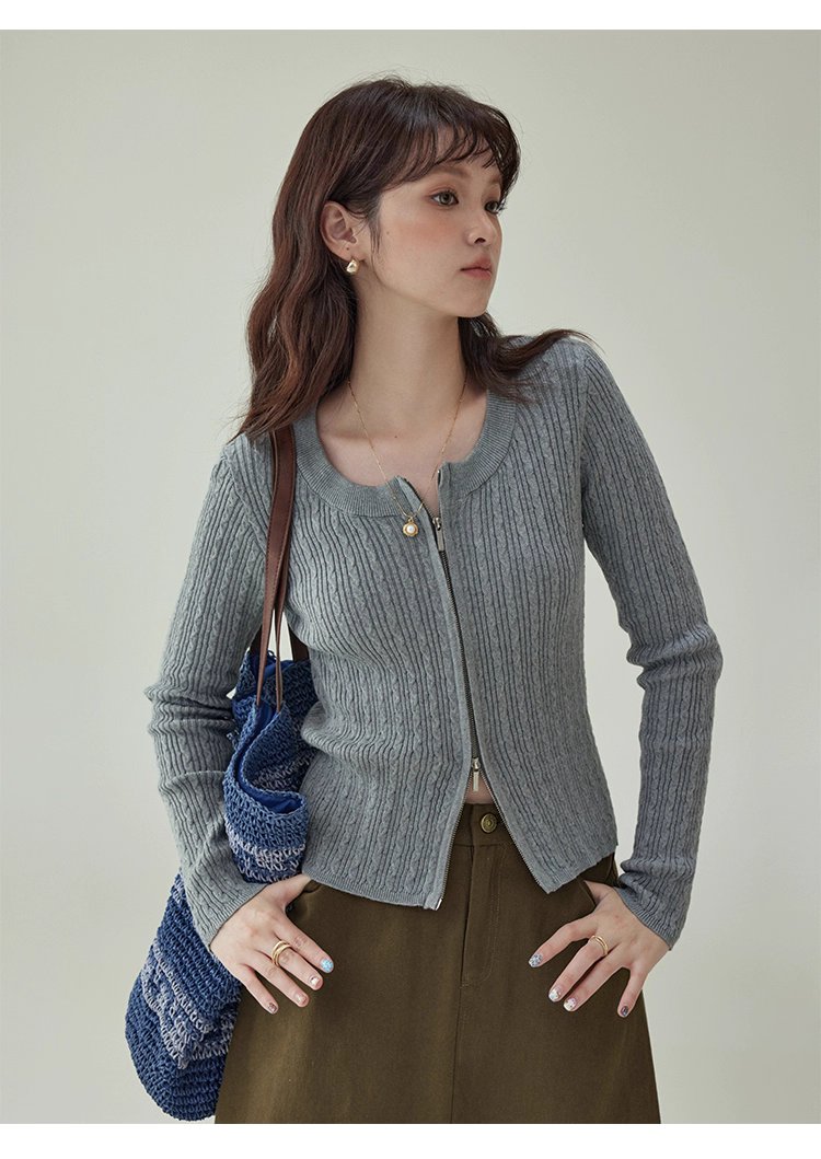 純色麻花雙頭拉鍊針織衫女秋季新款修身純棉上衣