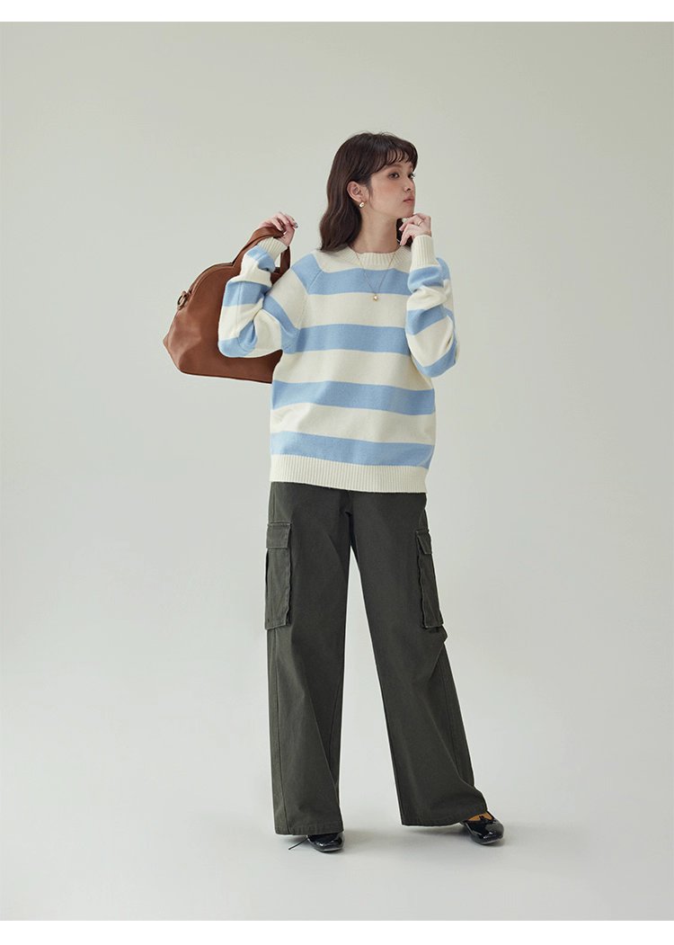 韓國拼色條紋插肩袖毛衣女秋款新款休閒寬鬆上衣