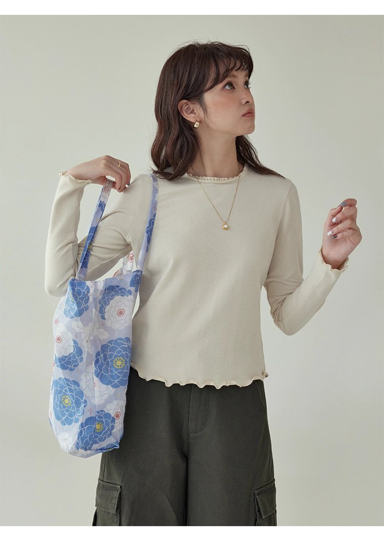 小眾花邊圓領長袖打底T恤女秋新款寬鬆純色上衣