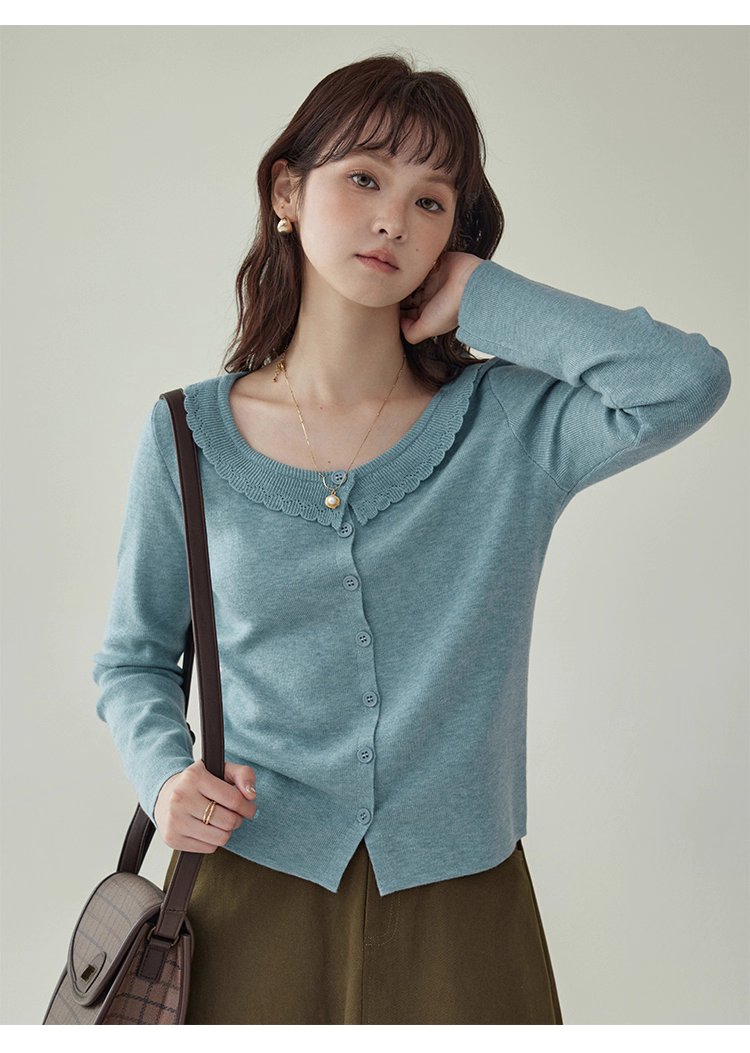 藍色圓領針織衫女秋季絕美短款修身長袖開襟衫上衣