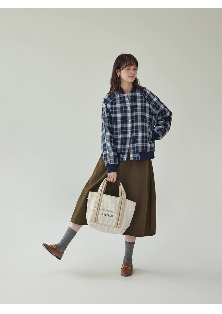 撞色格紋插肩袖摁扣外套女秋季新款長袖外套上衣