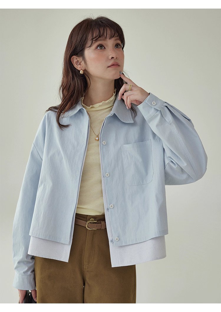 藍色假兩件外套襯衫女秋季超好看單排扣長袖上衣,藍色假兩件外套襯衫女秋季超好看單排扣長袖上衣,HBEW5073,藍色假兩件外套襯衫女秋季超好看單排扣長袖上衣,假兩件式,造型加分