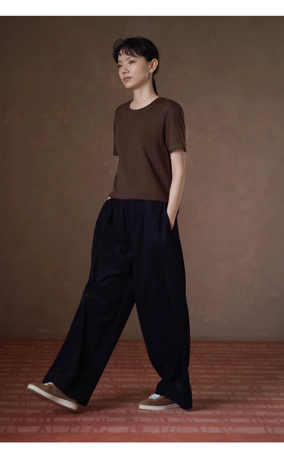 復古柔光細條100棉燈芯絨顯瘦高腰可調式腳口寬鬆長褲女