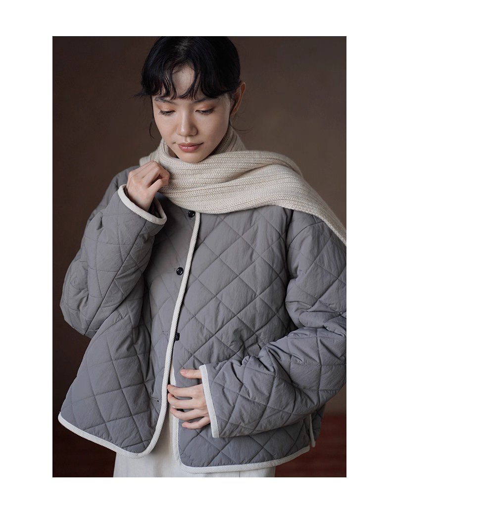 撞色燈芯絨包邊顯瘦菱格絎線寬鬆輪廓顯瘦保暖棉質外套