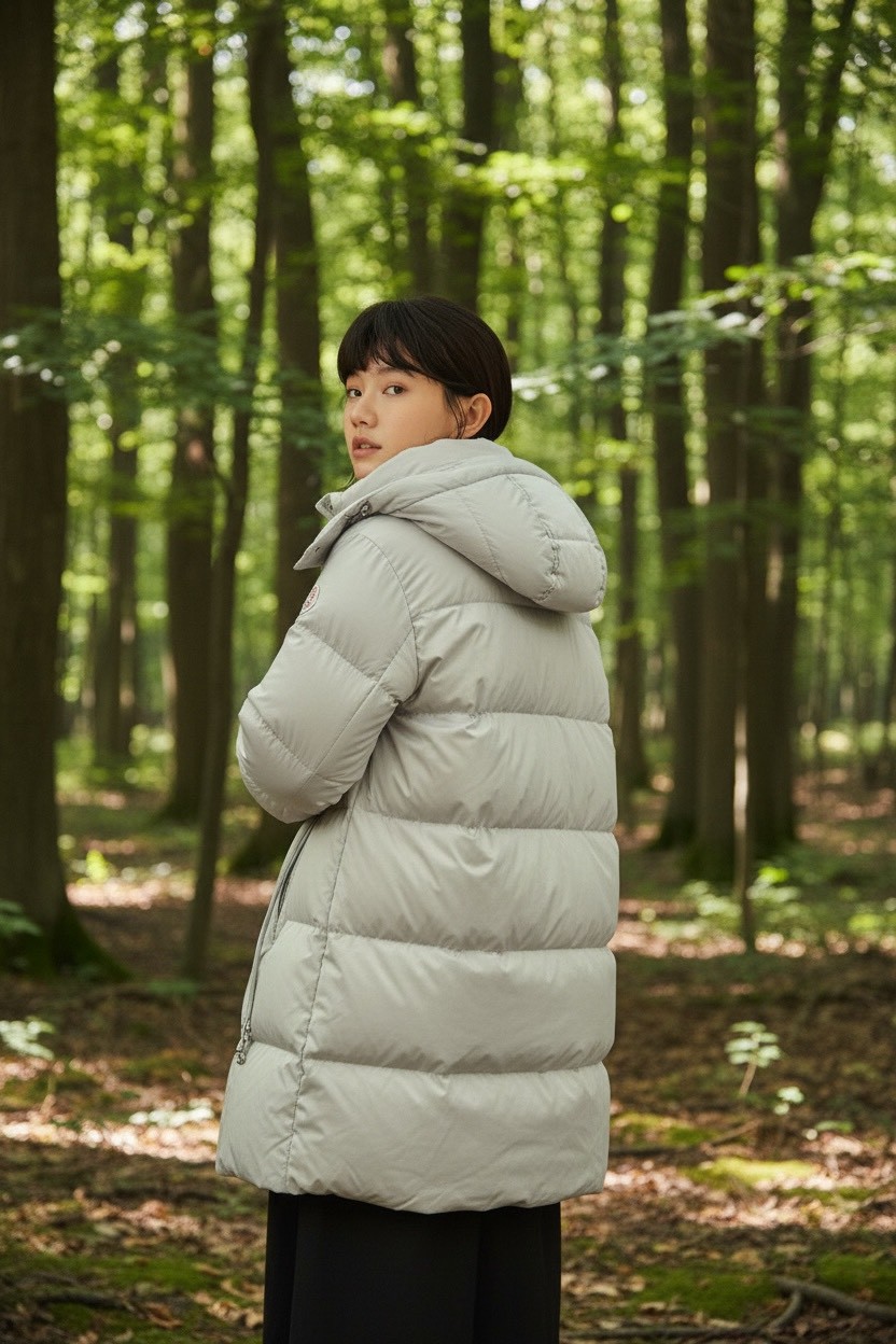 山系少女綿軟感保暖連帽寬鬆0白鴨絨中長羽絨服