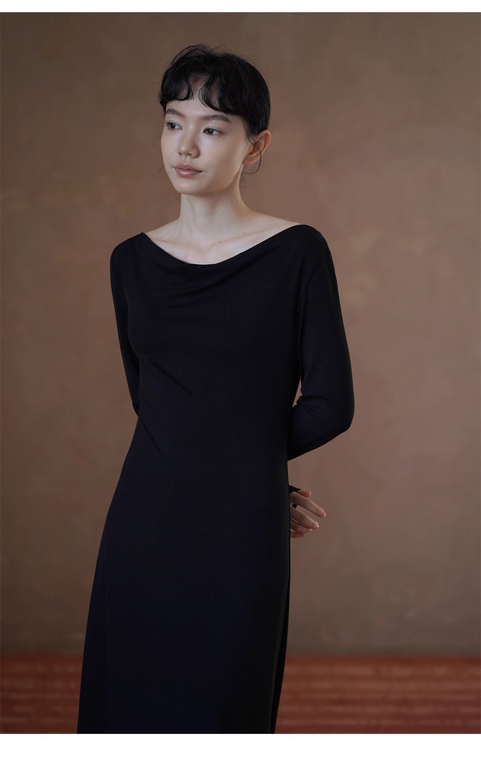 進階優雅巨顯瘦氣質蕩領彈性合身洋裝通勤長裙女