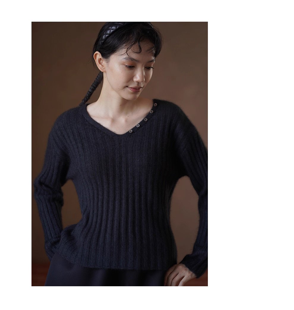 慵懶濾鏡兔毛羊毛混紡粗坑條可拆卸圍巾V領紐扣針織上衣