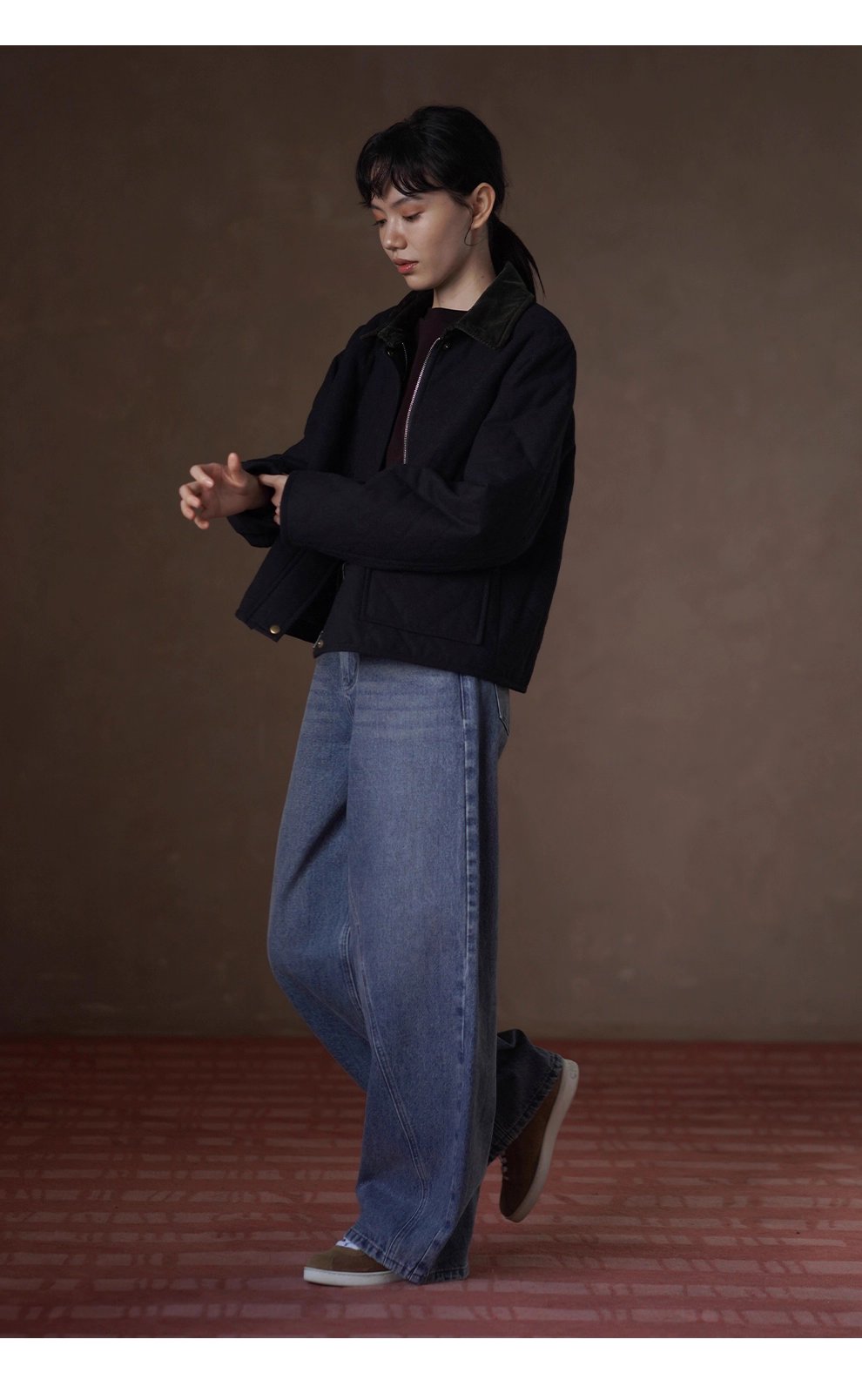 復古英倫配色撞色燈芯絨翻領正肩短款菱形格絎棉外套女