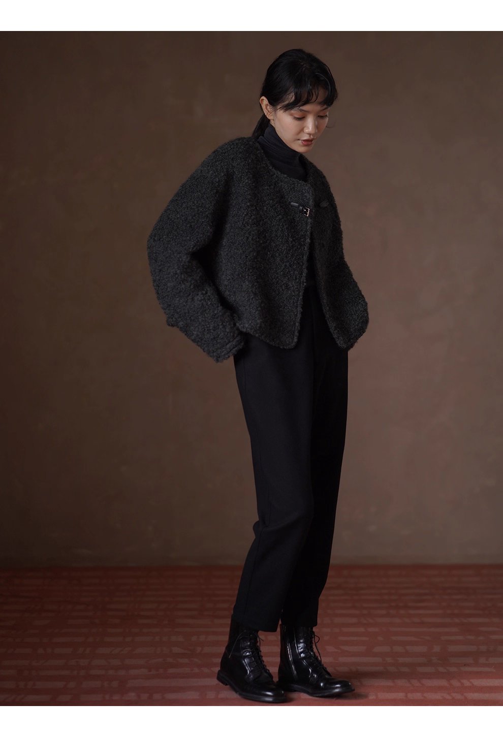 費城外套蓬鬆羊毛圈毛呢料輪廓皮袢圓領通勤顯瘦大衣