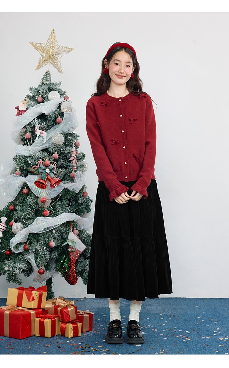 大尺碼胖mm秋冬毛衣開襟外套紅色蝴蝶結針織衫上衣