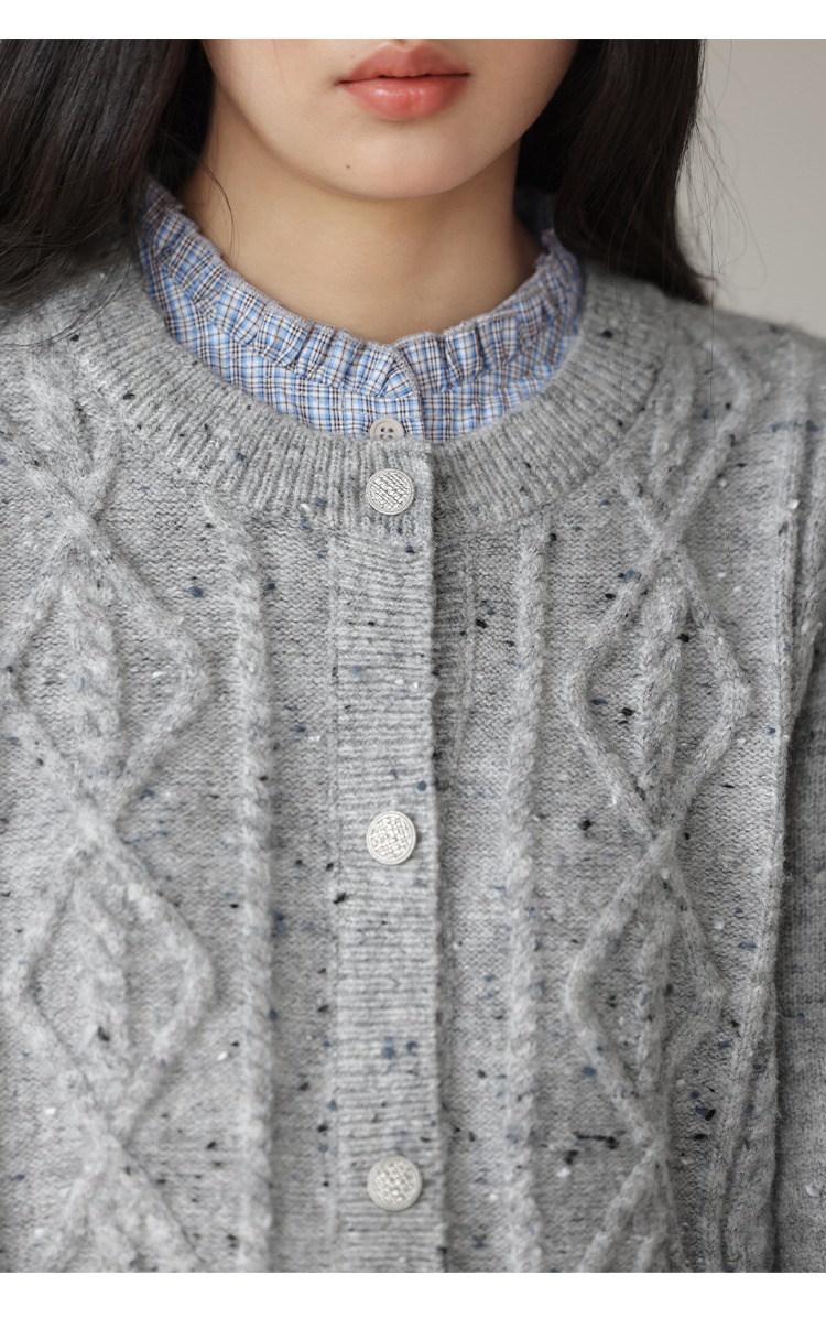 秋冬灰色毛衣開襟衫女拼接格子襯衫假兩件針織衫