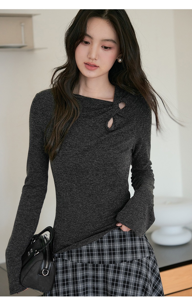 斜領長袖T恤上衣迷人鏤空打底高級感,斜領長袖T恤上衣迷人鏤空打底高級感,HBEW1955,斜領長袖T恤上衣迷人鏤空打底高級感,氣質穿搭,喇叭袖口