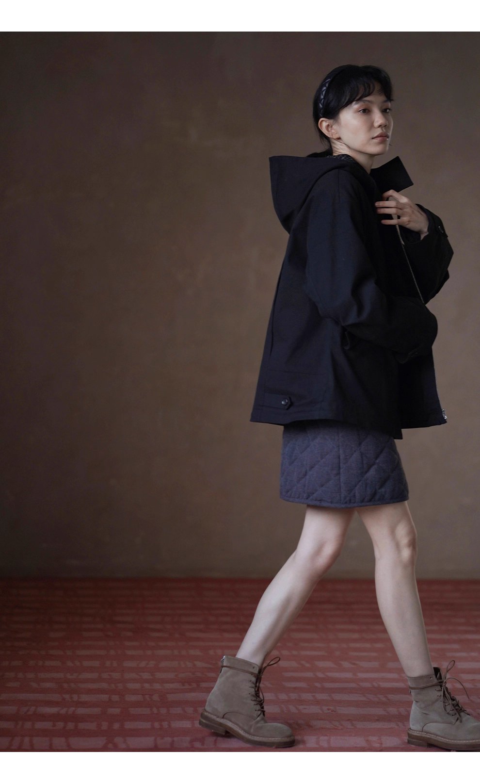 英倫學院撞色格紋連帽搖粒絨內裡加厚一手長夾克外套女