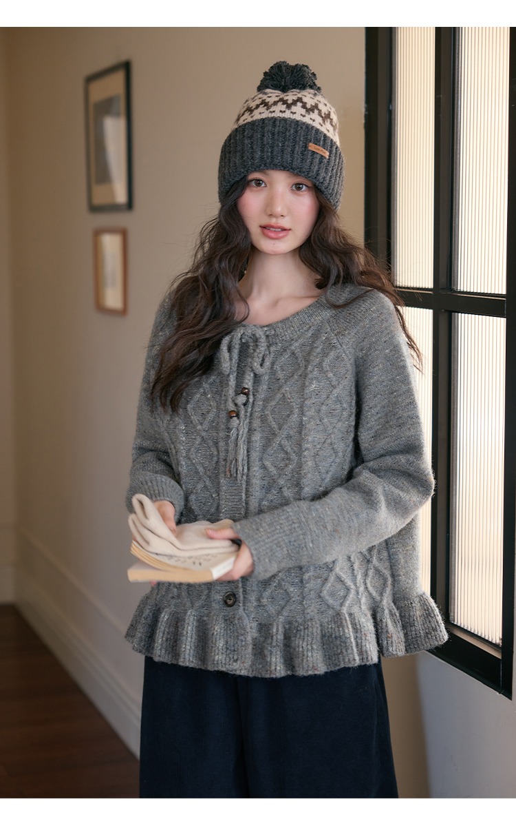 菱格毛衣開襟上衣外套冬季針織衫,菱格毛衣開襟上衣外套冬季針織衫,HBEW1952,菱格毛衣開襟上衣外套冬季針織衫,荷葉滾邊,菱格紋路