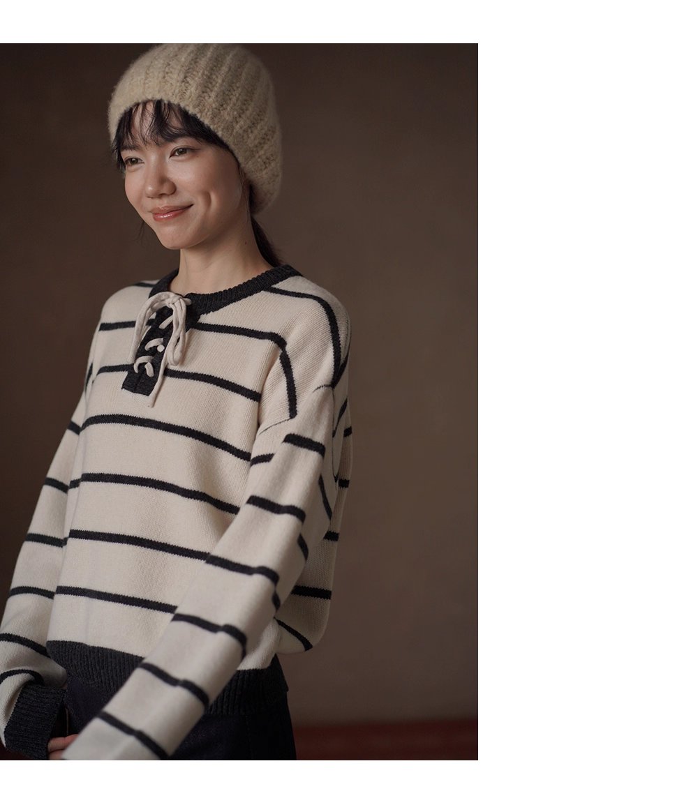 復古水手條紋上衣軟糯100羊毛綁帶門襟設計寬鬆顯瘦毛衣