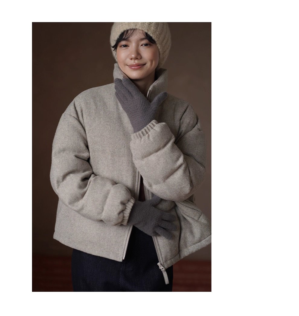 冬日盧森堡保暖外套羊毛夾花人字紋加厚短款休閒棉服女