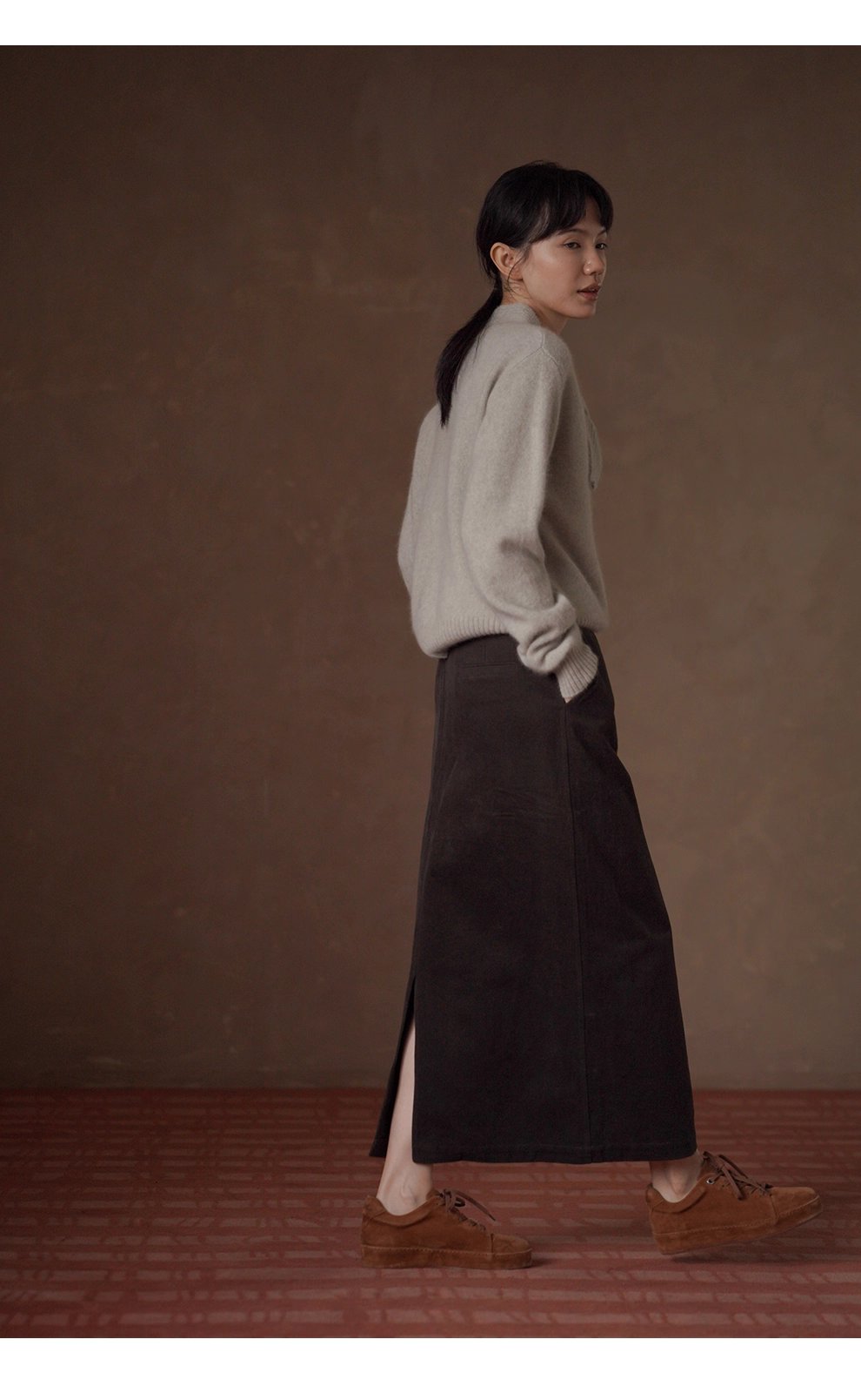 極簡H型通勤半身裙微彈斜紋磨毛紗卡高腰顯瘦長裙女