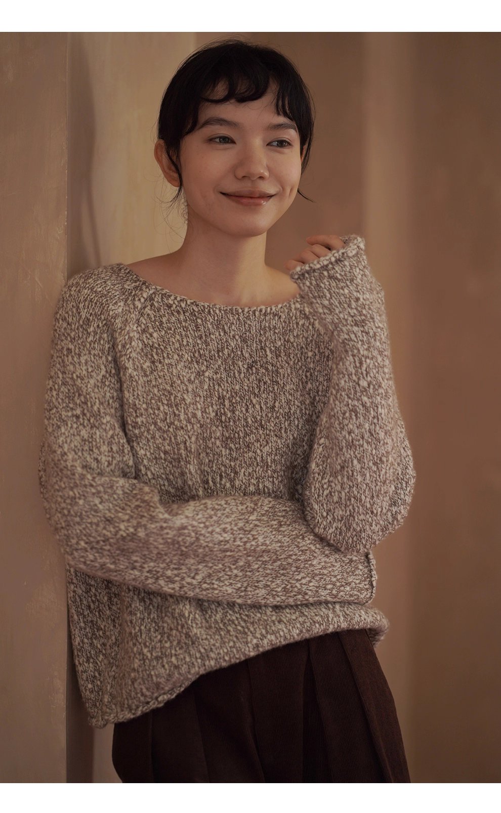 拉花肌理感雜色羊毛豆豆紗寬鬆顯瘦船領休閒捲邊毛衣女