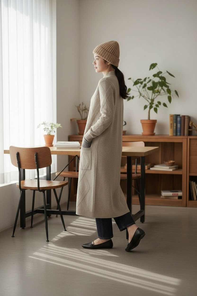 立領排扣菱格紋長款開衫針織外套,立領排扣菱格紋長款開衫針織外套,5W165019,立領排扣菱格紋長款開衫針織外套,排釦開衫,長款針織