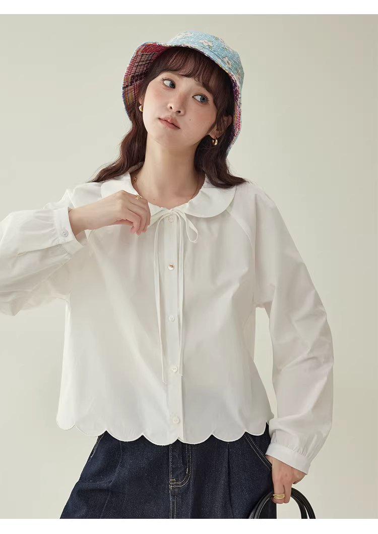 少女感蕾絲娃娃領襯衫女25冬季新款白色長袖上衣,HBEW1142,少女感蕾絲娃娃領襯衫女25冬季新款白色長袖上衣,娃娃領,花瓣衣襬,細節滿分