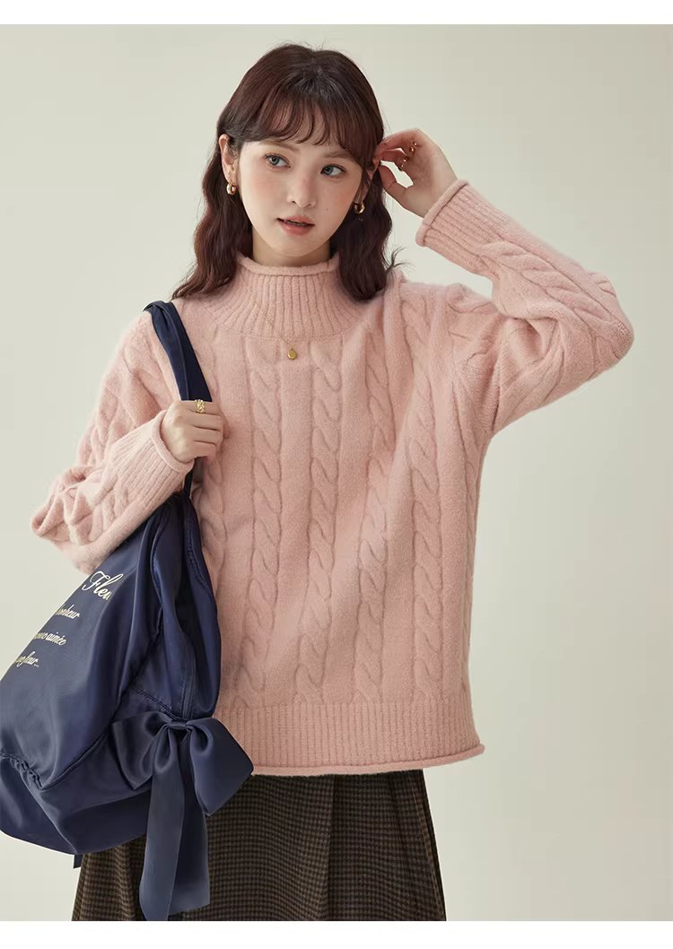 減齡粉紅高領麻花毛衣女25冬季新款捲邊長袖上衣,減齡粉紅高領麻花毛衣女25冬季新款捲邊長袖上衣,HBEW1146,減齡粉紅高領麻花毛衣女25冬季新款捲邊長袖上衣,高領毛衣,麻花針織