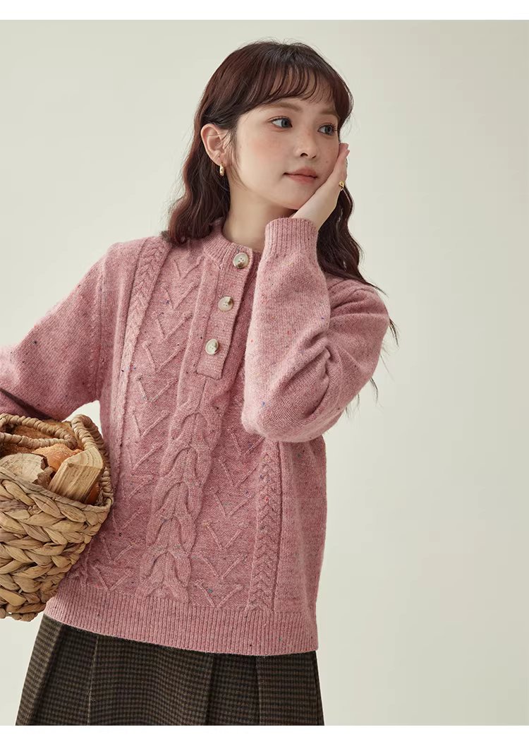 半開領麻花羊毛毛衣女冬季新款甜美彩點長袖上衣,半開領麻花羊毛毛衣女冬季新款甜美彩點長袖上衣,HBEW5106,半開領麻花羊毛毛衣女冬季新款甜美彩點長袖上衣,半開排扣,麻花針織