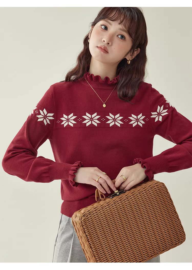 減齡紅色木耳邊雪花針織衫女冬新款內搭長袖上衣,減齡紅色木耳邊雪花針織衫女冬新款內搭長袖上衣,HBEW1152,減齡紅色木耳邊雪花針織衫女冬新款內搭長袖上衣,木耳邊,雪花針織