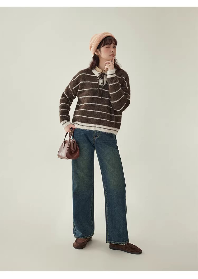 撞色條紋綁帶圓領羊毛毛衣女冬季新款甜美落肩袖上衣,撞色條紋綁帶圓領羊毛毛衣女冬季新款甜美落肩袖上衣,HBEW1155,撞色條紋綁帶圓領羊毛毛衣女冬季新款甜美落肩袖上衣,綁帶衣領,羊毛混紡