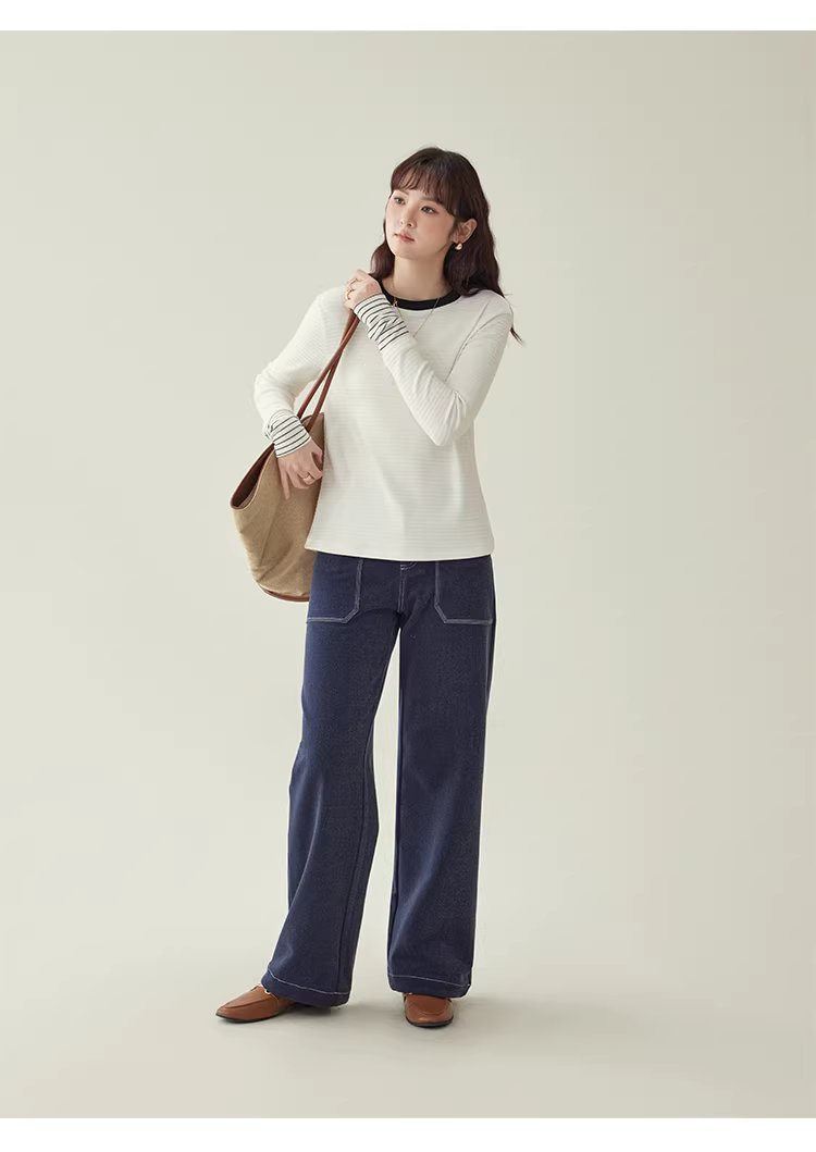 撞色拼接肌理長袖t卹女冬新款簡約圓領內搭上衣,撞色拼接肌理長袖t卹女冬新款簡約圓領內搭上衣,HBEW1160,撞色拼接肌理長袖t卹女冬新款簡約圓領內搭上衣,撞色領口,舒適面料