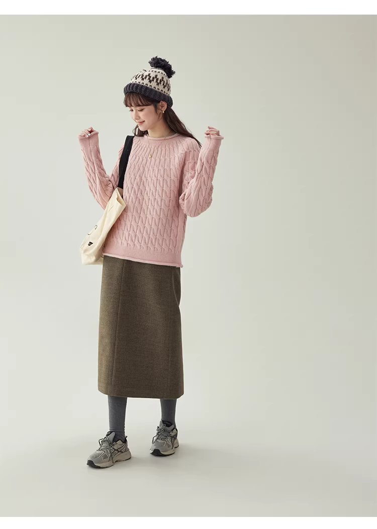 粉紅扭花捲邊長袖毛衣女25冬季新款甜美圓領上衣,粉紅扭花捲邊長袖毛衣女25冬季新款甜美圓領上衣,HBEW1188,粉紅扭花捲邊長袖毛衣女25冬季新款甜美圓領上衣,捲邊衣襬,扭花針織