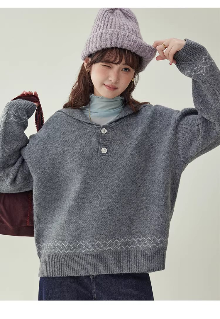 灰色提花海軍領毛衣女冬新款費爾島寬鬆長袖上衣,灰色提花海軍領毛衣女冬新款費爾島寬鬆長袖上衣,HBEW1191,灰色提花海軍領毛衣女冬新款費爾島寬鬆長袖上衣,海軍領,費爾島圖騰