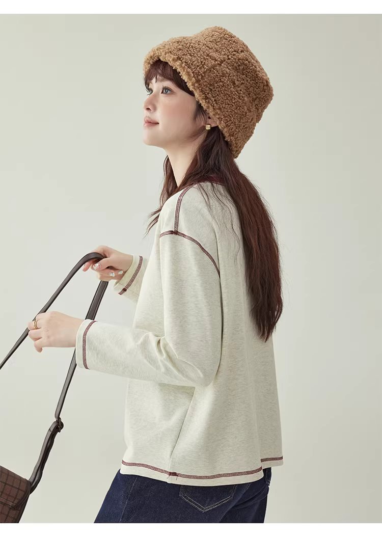 撞色反線落肩袖T恤女冬季新款半開扣圓領上衣,撞色反線落肩袖T恤女冬季新款半開扣圓領上衣,HBEW1192,撞色反線落肩袖T恤女冬季新款半開扣圓領上衣,半開排扣,舒適面料