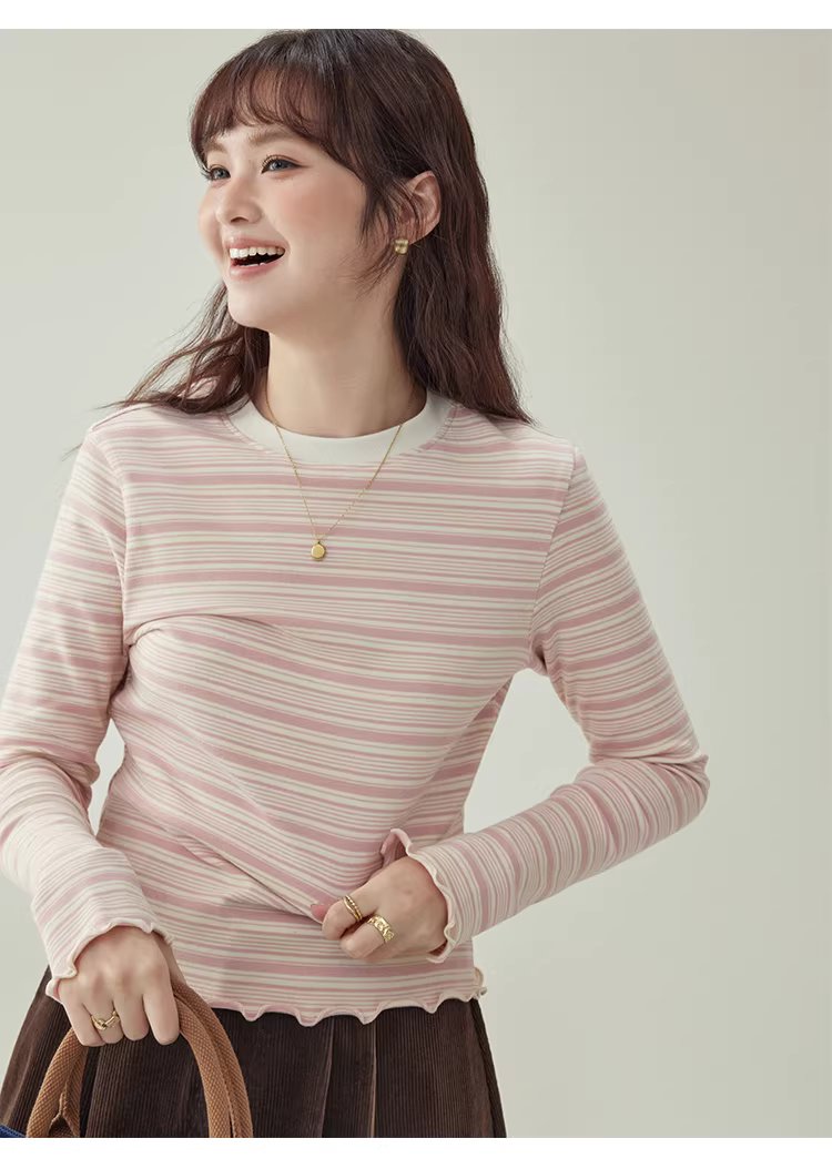 粉紅條紋花邊喇叭袖T恤女冬季新款修身內搭上衣,粉紅條紋花邊喇叭袖T恤女冬季新款修身內搭上衣,HBEW1195,粉紅條紋花邊喇叭袖T恤女冬季新款修身內搭上衣,橫紋設計,修身版型