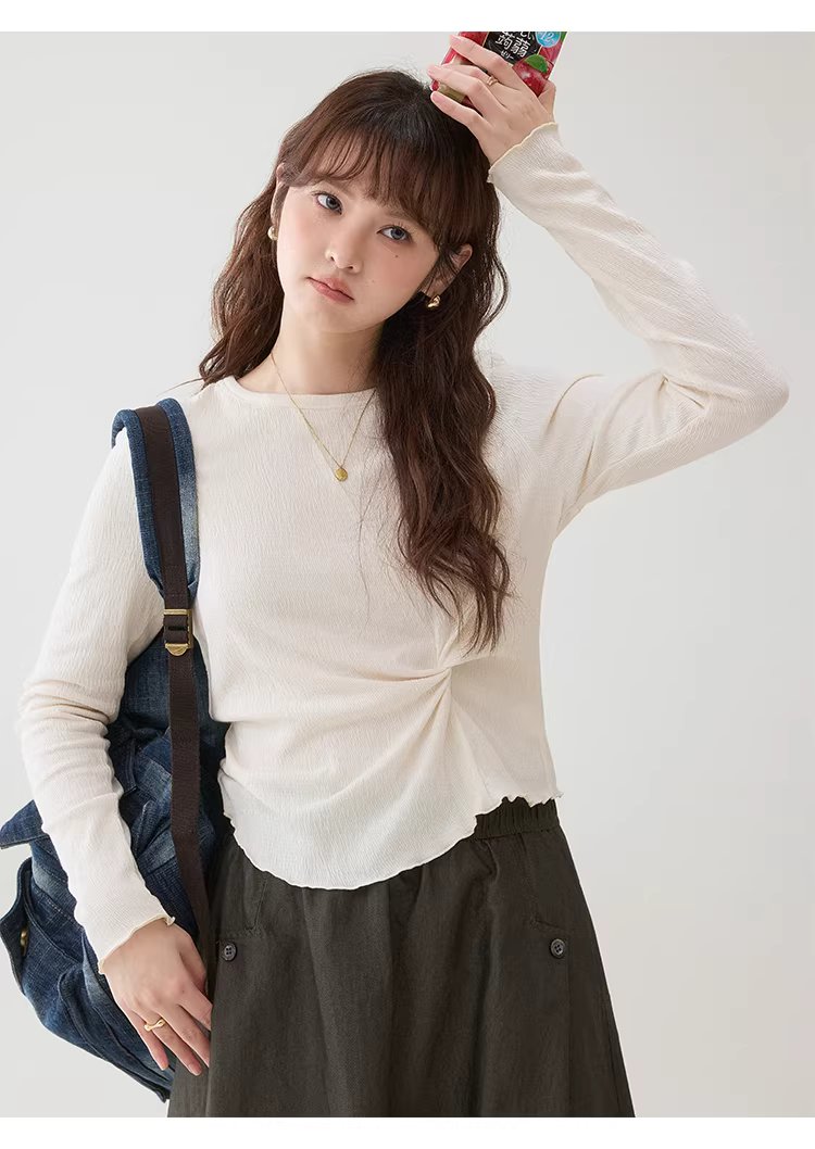 肌理感純色扭結修身T恤女春季新款蕾絲長袖上衣,肌理感純色扭結修身T恤女春季新款蕾絲長袖上衣,HBFS1002,肌理感純色扭結修身T恤女春季新款蕾絲長袖上衣,扭結設計,舒適面料