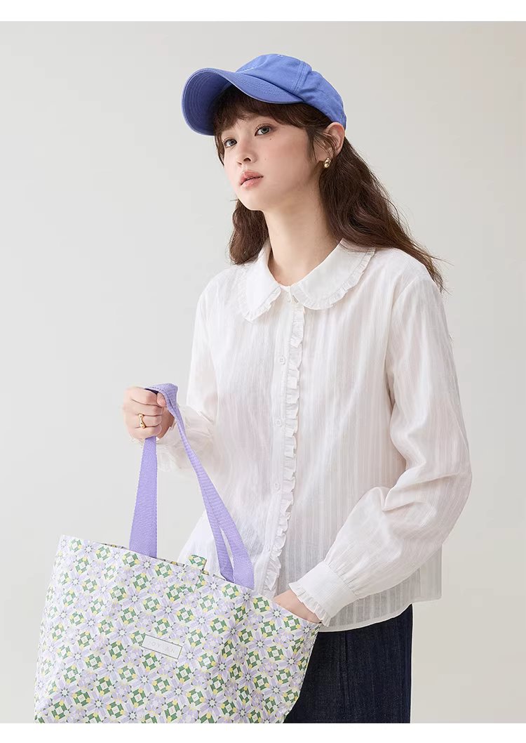 肌理感木耳邊娃娃領襯衫女春季新款純棉長袖上衣,肌理感木耳邊娃娃領襯衫女春季新款純棉長袖上衣,HBFS1003,肌理感木耳邊娃娃領襯衫女春季新款純棉長袖上衣,娃娃領,全棉面料