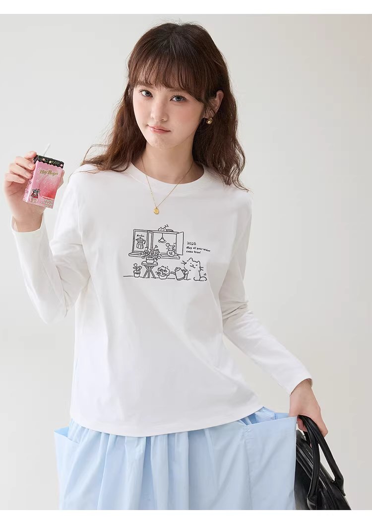 漫畫感線條圖案繡花T恤女春季新款純棉圓領上衣,漫畫感線條圖案繡花T恤女春季新款純棉圓領上衣,HBFS1030,漫畫感線條圖案繡花T恤女春季新款純棉圓領上衣,童趣印花,全棉面料