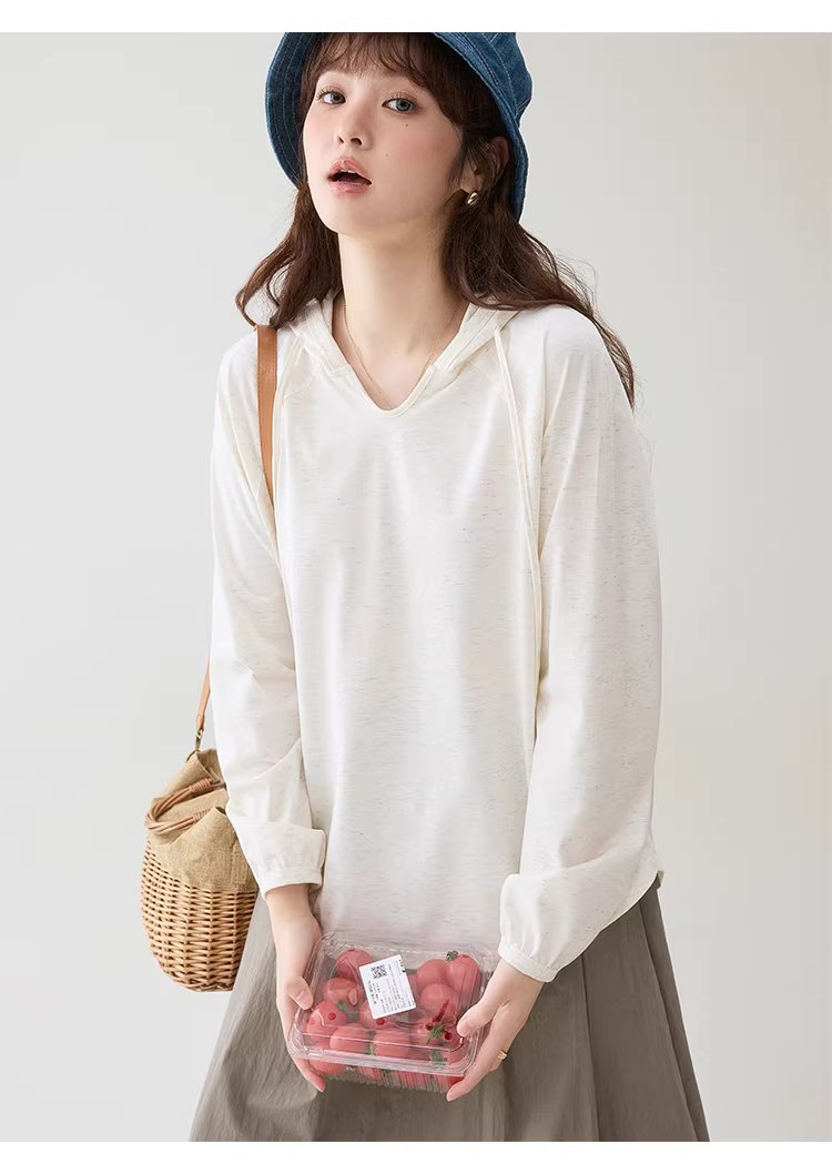 彩織小v領連帽插肩袖T恤女春季新款減齡寬鬆上衣,彩織小v領連帽插肩袖T恤女春季新款減齡寬鬆上衣,HBFS1035,彩織小v領連帽插肩袖T恤女春季新款減齡寬鬆上衣,V領連帽,寬鬆舒適