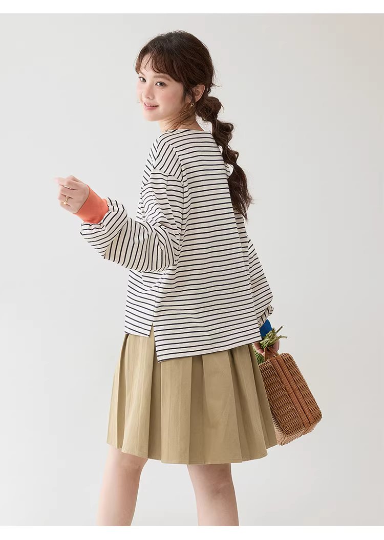 撞色條紋燈籠袖純棉T恤女春季新款寬鬆百搭上衣,撞色條紋燈籠袖純棉T恤女春季新款寬鬆百搭上衣,HBFS1042,撞色條紋燈籠袖純棉T恤女春季新款寬鬆百搭上衣,撞色拼接,全棉面料