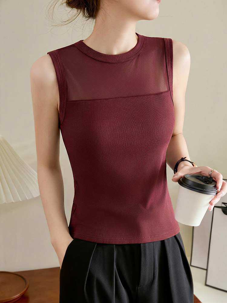 無袖百搭帶胸墊修身顯瘦打微透網紗背心,無袖百搭帶胸墊修身顯瘦打微透網紗背心,6S991001,無袖百搭帶胸墊修身顯瘦打微透網紗背心,店長推薦,版型修飾