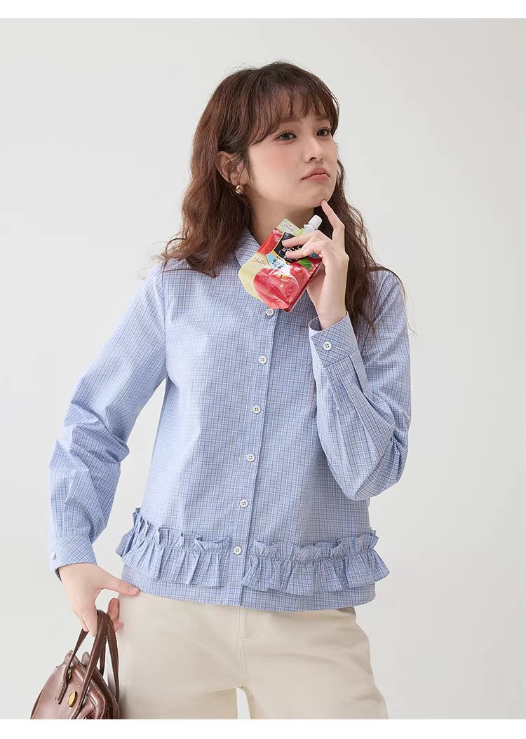 藍格荷葉邊娃娃領襯衫女春季新款純棉長袖短上衣,藍格荷葉邊娃娃領襯衫女春季新款純棉長袖短上衣,HBFS1049,藍格荷葉邊娃娃領襯衫女春季新款純棉長袖短上衣,荷葉衣襬,全棉面料
