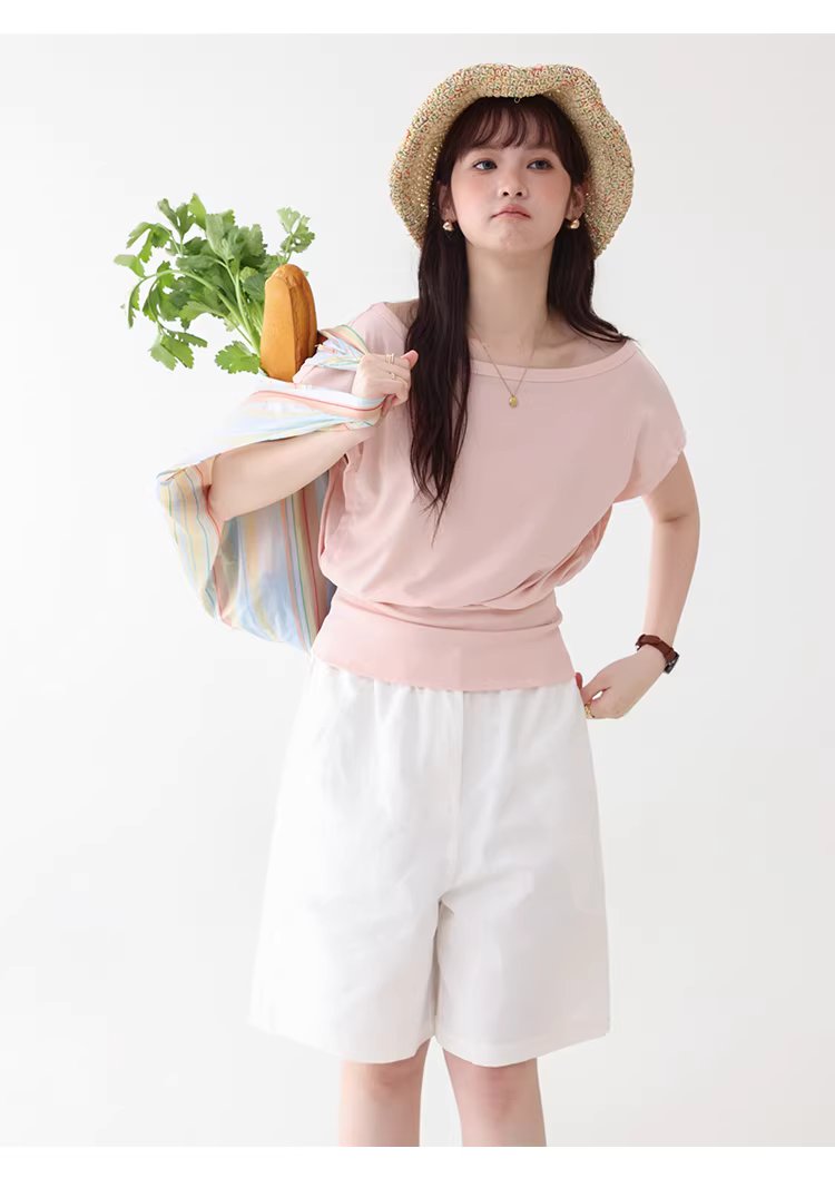 一字領收腰顯瘦寬鬆T恤女夏季新款粉紅短袖上衣,一字領收腰顯瘦寬鬆T恤女夏季新款粉紅短袖上衣,HBFS1052,一字領收腰顯瘦寬鬆T恤女夏季新款粉紅短袖上衣,青春休閒,天絲混棉