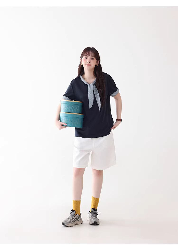 拼接格紋綁帶領短袖T恤女夏季新款時尚減齡上衣,拼接格紋綁帶領短袖T恤女夏季新款時尚減齡上衣,HBFS1053,拼接格紋綁帶領短袖T恤女夏季新款時尚減齡上衣,領結造型,舒適面料