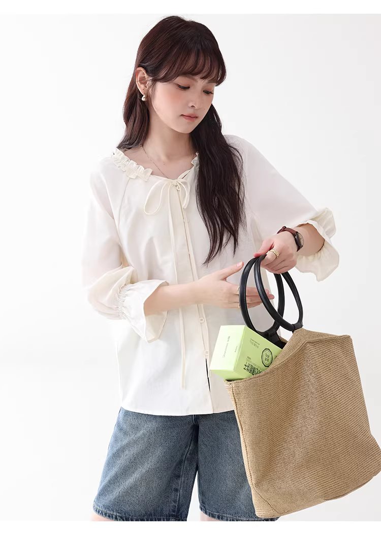 法式木耳邊綁帶V領襯衫女夏新款七分袖羈扣上衣,法式木耳邊綁帶V領襯衫女夏新款七分袖羈扣上衣,HBFS1055,法式木耳邊綁帶V領襯衫女夏新款七分袖羈扣上衣,法式甜美,木耳邊